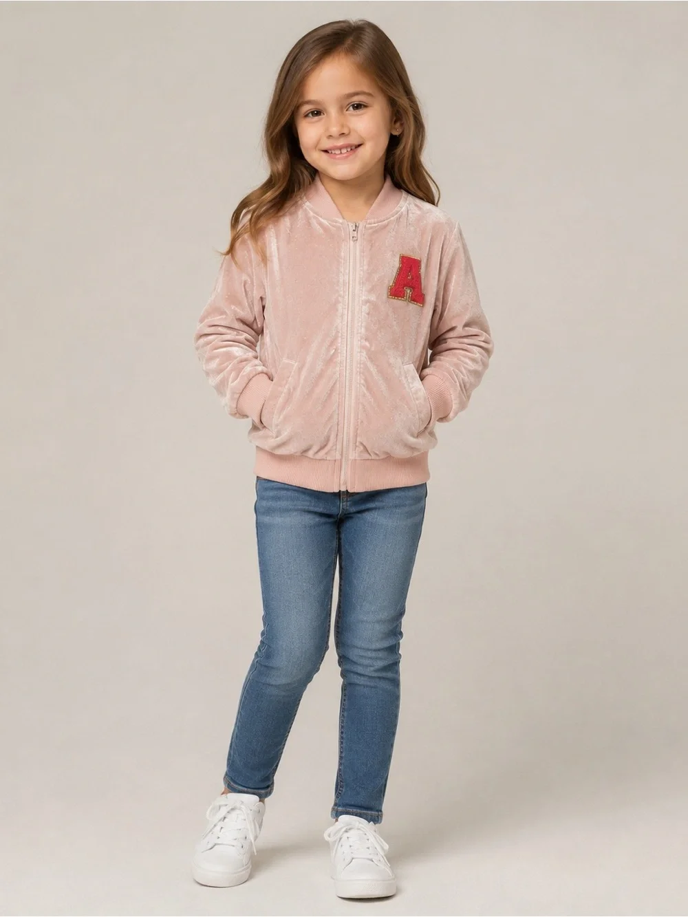 Doe A Dear Girls Blush Pink Velvet Bomber Jacket Size 6 Varsity A Patch